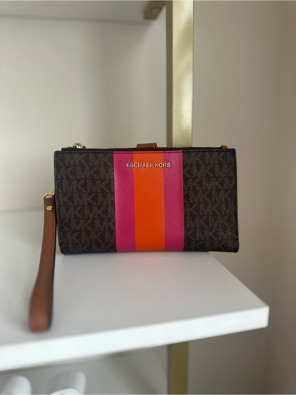 Michael Kors Jet Set Travel Double Zip Wristlet Pink Orange Stripe
